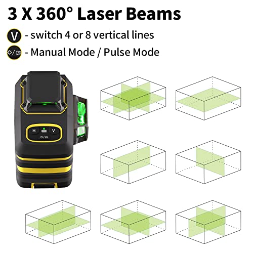 Laser Level, IKOVWUK 3x360° Cross Line for Construction and Picture Hanging, 12 Green Lasers with Self-leveling, 65 ft Vertical & Horizontal Line, IKOVWUK