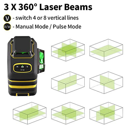 Laser Level, IKOVWUK 3x360° Cross Line for Construction and Picture Hanging, 12 Green Lasers with Self-leveling, 65 ft Vertical & Horizontal Line, - WoodArtSupply