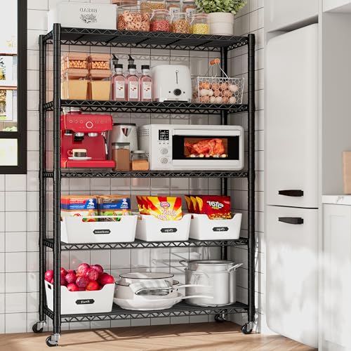 REIBII Storage Shelves with Wheels, Wire Shelving Unit with Wheels, 75.6"H Heavy Duty Shelving, Metal Shelves for Storage, Pantry Shelves for REIBII