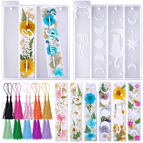 LET'S RESIN Bookmark Resin Molds Silicone 1.5'' Wide, Blank and Cat Moon Pattern Silicone Bookmark Molds Kit with 20pcs Tassels, Rectangle Bookmark LET'S RESIN