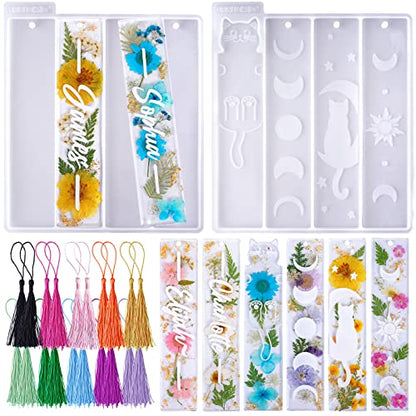 LET'S RESIN Bookmark Resin Molds Silicone 1.5'' Wide, Blank and Cat Moon Pattern Silicone Bookmark Molds Kit with 20pcs Tassels, Rectangle Bookmark