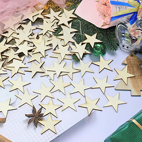 yueton 100PCS 40mm/1.57inch Unfinished Blank Star Wood Pieces Wood Slices Wood Chips Wooden Star Embellishments Christmas Tree Star Cutouts Ornaments yueton