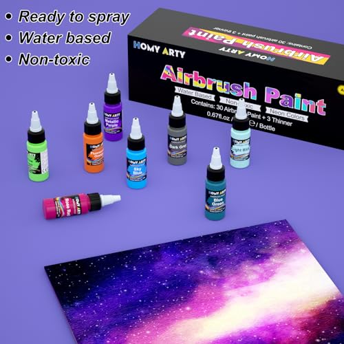 Airbrush Paint - 30 Colors with 3 Thinner, Ready to Spray Airbrush Paint Set, Water-Based Acrylic Air brush Paints for Metal, Plastic Models, Canvas, HOMY ARTY