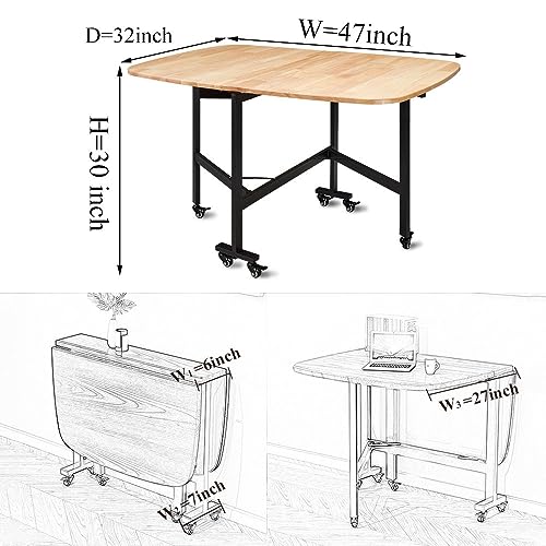 Rukulin Multifunction Table Drop Leaf Dining Table - 47" Solid Wooden Foldable Kitchen Table with 6 Wheels (Natural)