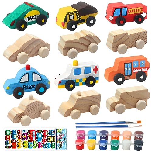ColCospie Wooden Cars to Paint for Kids,Come with 12pcs DIY Wooden Cars for 12pcs of Color Pigments and 1pcs Car Styling Sticker ColCospie
