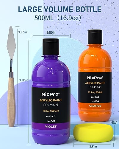 Nicpro 24 Colors Large Bulk Acrylic Paint Set (16.9 oz,500 ml) Non Toxic Artist Painting Supplies for Multi Surface Canvas, Wood, Fabric Leather, Nicpro