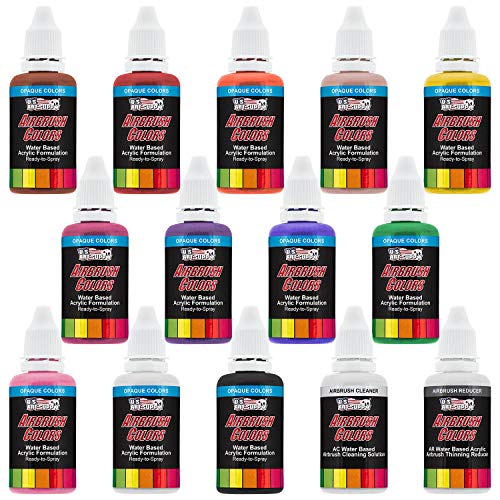 U.S. Art Supply 12 Color Set of Primary Opaque Colors Acrylic Airbrush, Leather & Shoe Paint Set with Reducer & Cleaner 1 oz. Bottles US Art Supply