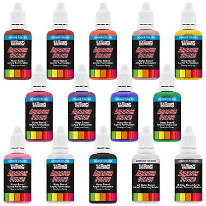 U.S. Art Supply 12 Color Set of Primary Opaque Colors Acrylic Airbrush, Leather & Shoe Paint Set with Reducer & Cleaner 1 oz. Bottles - WoodArtSupply