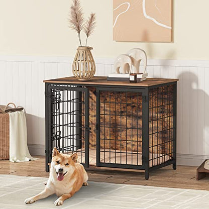 MAHANCRIS Dog Crate Furniture with Cushion, 31.5" Wooden Heavy Duty Dog Kennel with Double Doors, Indoor Dog House End Table, Dog Cage for Small - WoodArtSupply