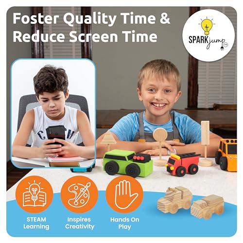 SparkJump Build & Paint Your Own Wooden Cars - Creative & Fun Arts & Crafts for Kids - Woodworking Kit for Kids - Easy to Assemble Wooden Cars to SparkJump