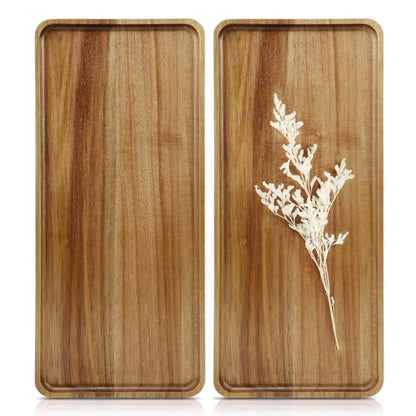 2 PCS Solid Acacia Wood Serving Trays Rectangular Wooden Serving Platters Natural Wooden Boards for Bar Coffee Party 15.7 * 7.08 inch