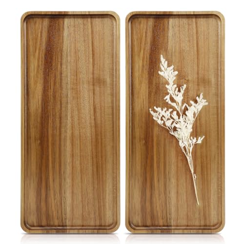 2 PCS Solid Acacia Wood Serving Trays Rectangular Wooden Serving Platters Natural Wooden Boards for Bar Coffee Party 15.7 * 7.08 inch - WoodArtSupply