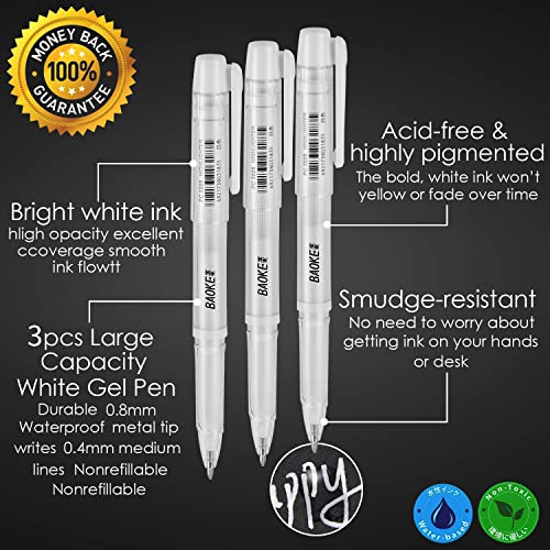 Qionew White Gel Pen Set, 3 Pack, 1mm Extra Fine Point Pens Gel Ink Pens Opaque White Archival Ink Pens for Black Paper Drawing, Sketching, Qionew