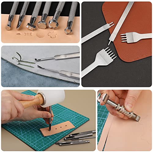 Leather Working Tools Leather Craft Kits Leather Sewing Tools with Storage Bag Cutting Mat Stamping Tool Prong Punch Waxed Thread Stitching Groover