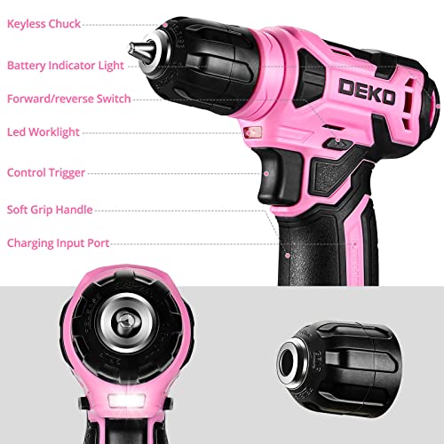 DEKO 8V Cordless Drill, Drill Set with 3/8"Keyless Chuck, 42pcs Acessories, Built-in LED, Type-C Charge Cable, Pink Power Drill for Drilling and DEKOPRO