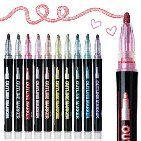 Mr. Pen- Double Line Outline Markers, 10 Colors, Shimmer Markers, Self-Outline Metallic Markers, Outline Pens, Craft Pens Mr. Pen