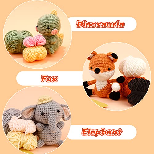 kdafio 3 Pcs DIY Crochet Animal Kit, Fox Plush Doll, Elephant Plush Doll, Dinosauria Plush Doll,Clear Easy to Follow Instructions for Starter kdafio