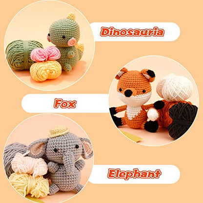 kdafio 3 Pcs DIY Crochet Animal Kit, Fox Plush Doll, Elephant Plush Doll, Dinosauria Plush Doll,Clear Easy to Follow Instructions for Starter - WoodArtSupply