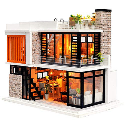 Spilay Dollhouse Miniature with Furniture,DIY Kit Mini Modern Villa Model with Music Box,1:24 Scale Creative Doll House Best Christmas Birthday Gift