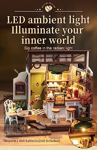 Rowood Miniature House Kit,Tiny House Kits to Build to Live in,DIY Wooden Crafts for Adults,Mini Model Kits with LED,Birthday for Teens(NO.17 Cafe) RoWood