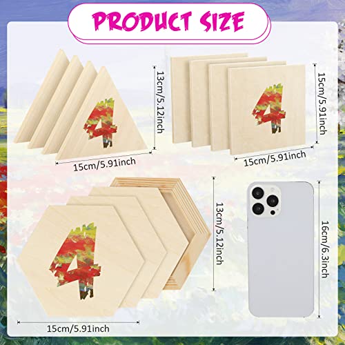12 Pcs Wood Panel Boards for Painting 6'' Unfinished Wooden Canvas Panel Square Hexagon Triangle Boards Blank Wood Blocks Crafts for Arts Crafts Colarr