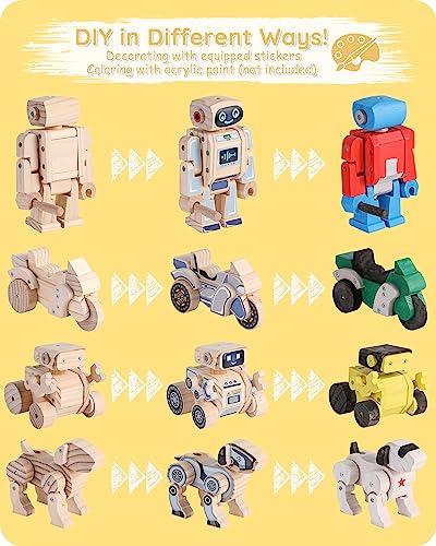 SainSmart Jr. 4-in-1 STEM Kits, Wooden Robot Assembly Toy Set, Woodworking Crafts Projects for Kids, Gift for Boys and Girls - WoodArtSupply