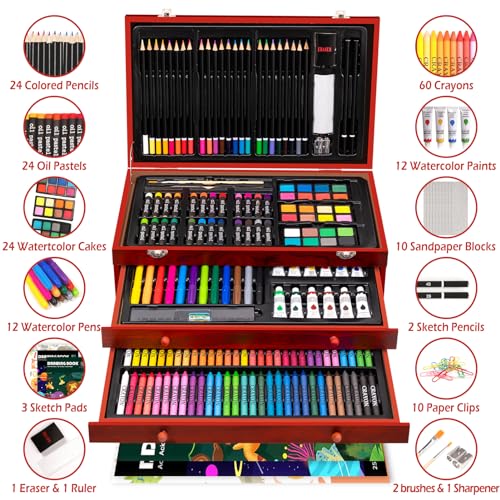 Art Supplies, 186 Piece Deluxe Wooden Art Set, Professional Art Kit with 3 Sketch Books, Crayons, Oil Pastels, Colored Pencils, Watercolor Paints,
