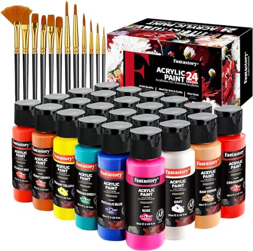 Fantastory Acrylic Paint Set, 24 Classic Colors(2oz/60ml), Professional Craft Paint, Art Supplies Kit for Adults & Kids, Halloween Pumpkin Canvas/Fabric/Rock/Glass/Stone/Ceramic/Model/Wood Painting with 12 Brushes