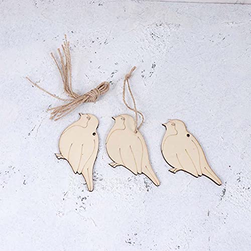 Creaides Bird Wooden Hanging Ornaments Bird Shaped Wood DIY Craft Cutout Wooden Slices Embellishments with Hole Hemp Ropes Gift Tag for Wedding