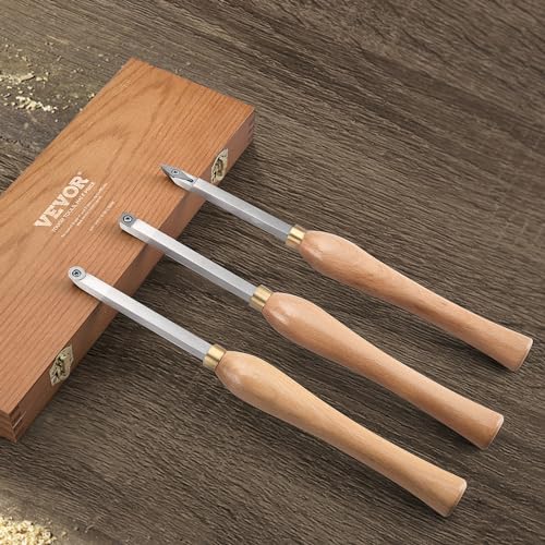 VEVOR Wood Lathe Chisel Set, 3 PCS Woodworking Turning Tools, Includes Square, Round, Diamond Carbide Blades, 7.87" Comfortable Grip Handles, Wood VEVOR