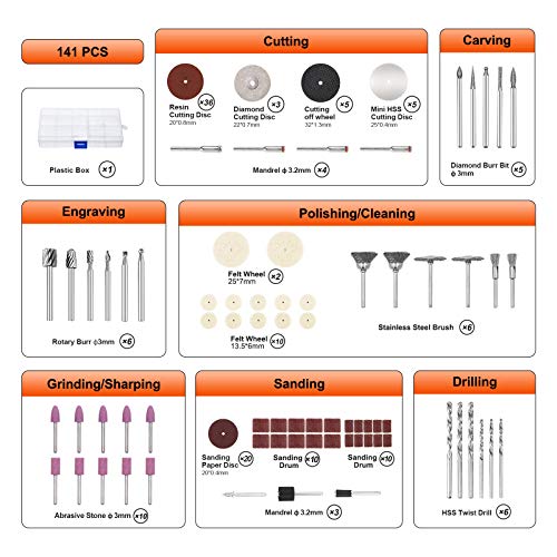 𝟭𝟰𝟭𝗣𝗰𝘀 𝗥𝗼𝘁𝗮𝗿𝘆 𝗧𝗼𝗼𝗹 𝗔𝗰𝗰𝗲𝘀𝘀𝗼𝗿𝗶𝗲𝘀 𝗞𝗶𝘁 - GOXAWEE 1/8-inch Shank All Purpose Power Tool Accessory Set Universal Fitment for Easy Drilling Sawing Sanding GOXAWEE