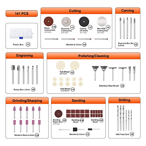 𝟭𝟰𝟭𝗣𝗰𝘀 𝗥𝗼𝘁𝗮𝗿𝘆 𝗧𝗼𝗼𝗹 𝗔𝗰𝗰𝗲𝘀𝘀𝗼𝗿𝗶𝗲𝘀 𝗞𝗶𝘁 - GOXAWEE 1/8-inch Shank All Purpose Power Tool Accessory Set Universal Fitment for Easy Drilling Sawing Sanding - WoodArtSupply