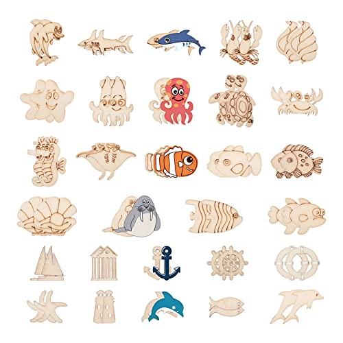 300Pcs Ocean Themed Pattern Wood Pieces Unfinished Wooden Marine Animal Cutouts Blank Wooden Paint Crafts for Kids Home Decoration DIY Craft Project - WoodArtSupply