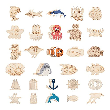 300Pcs Ocean Themed Pattern Wood Pieces Unfinished Wooden Marine Animal Cutouts Blank Wooden Paint Crafts for Kids Home Decoration DIY Craft Project EEE ELECRELIVE