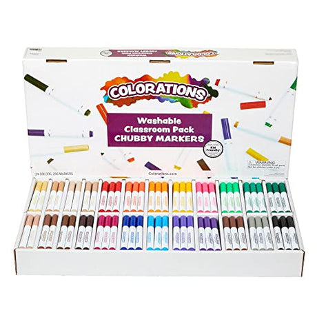 Colorations Washable Chubby Markers Classroom Value Pack, 24 Colors, Non Toxic| Bulk School Supplies For Kids, Coloring Set, Kindergarten Must Haves, Colorations
