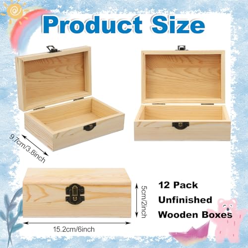 Hoemwarm 12 Pack Unfinished Wood Box with Hinged Lid, Storage Wood Box for Diy Flower Small Craft Unpainted Jewellery Organizing Plain Pine Box Art, Hoemwarm