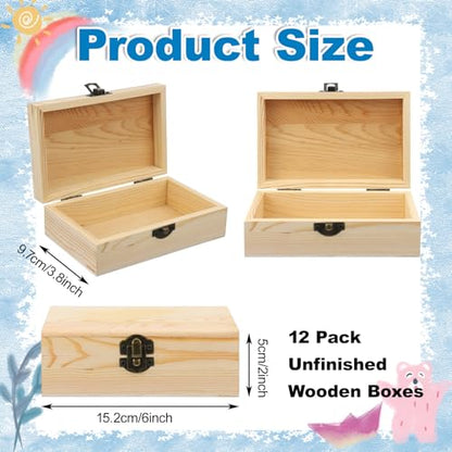 Hoemwarm 12 Pack Unfinished Wood Box with Hinged Lid, Storage Wood Box for Diy Flower Small Craft Unpainted Jewellery Organizing Plain Pine Box Art,
