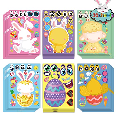 36 Sheet Easter Stickers for Kids,Easter Basket Stuffers,Make a Face Easter Stickers with Easter Animal Egg Themed,Make Your Own Stickers,Easter DUJAA