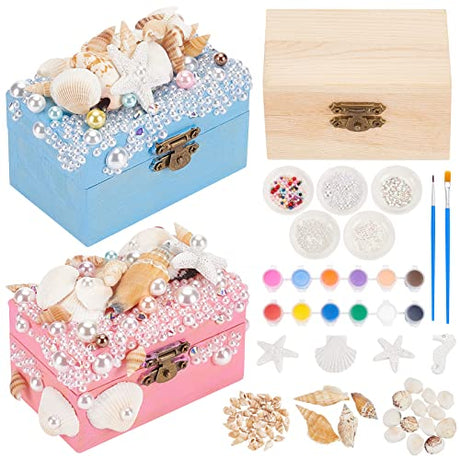WEBEEDY 2 Sets Mermaid Jewelry Box Unfinished Wood Treasure Chest Mine Jewelry Box DIY Craft Kits with Hinged Lid and Front Clasp Nautical Trinket WEBEEDY