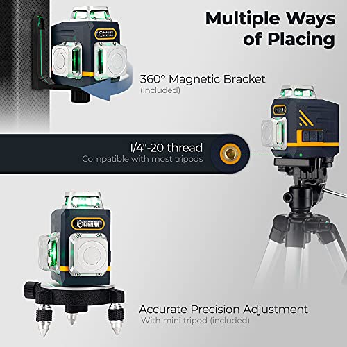 CIGMAN Laser Level Self Leveling 3x360° 3D Green Cross Line for Construction and Picture Hanging, Rechargeable battery, Remote Controller, Magnetic - WoodArtSupply