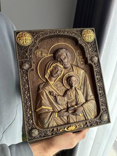 Handmade wooden Holy Family - Wood Carved Nativity Icon - 10 x 12 inches made of natural oak - wall hanging christian wall art