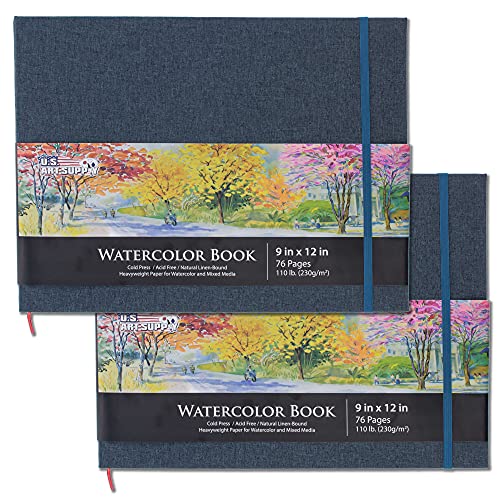 U.S. Art Supply 9" x 12" Watercolor Book, 2 Pack, 76 Sheets, 110 lb (230 GSM) - Linen-Bound Hardcover Artists Paper Pads - Acid-Free, Cold-Pressed,
