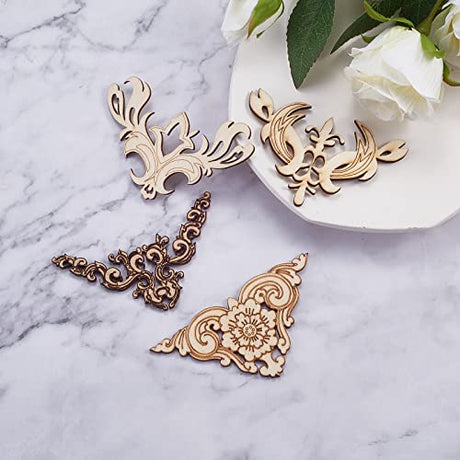 LiQunSweet 20 Pcs 4 Styles Vintage Flower Hollow Carved Unfinished Wood Pieces Book Corner Protector for DIY Craft Applique Furniture Door Decor LiQunSweet
