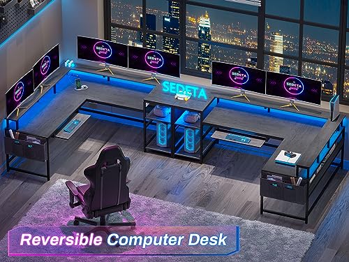 SEDETA L Shaped Gaming Desk, Convertible 96" Home Office Desk or Corner Desk, L Shaped Desk with Power Outlets & LED Strip, Monitor Stand, Keyboard SEDETA