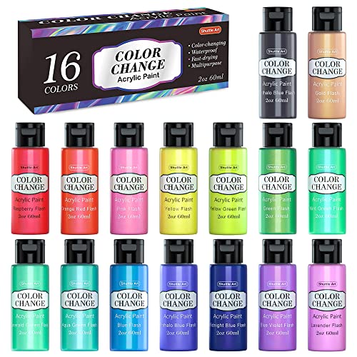 Shuttle Art Color Change Acrylic Paint Set, 16 Colors Chameleon Colors Acrylic Paint in Bottles (60ml/2oz), Non-Toxic for Artists, Beginners and Kids Shuttle Art