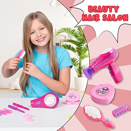 JOYIN 17Pcs Girls Beauty Salon Set, Pretend Play Doll Hair Stylist Toy Kit with Hairdryer, Mirror, Curling Iron and Other Accessories for Kids - WoodArtSupply