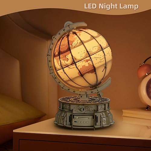 MIEBELY 3D Wooden Illuminated Globe Music Box with Space Projector - DIY LED Puzzle Kit for Adults - WoodArtSupply