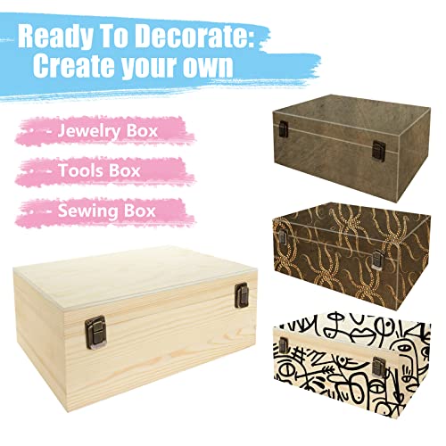 DAJAVE Unfinished Wooden Box, Large Wooden Box with Hinged Lid and Front Clasp, Pine Wood Box DIY Craft Stash Boxes for Arts Hobbies and Home DAJAVE