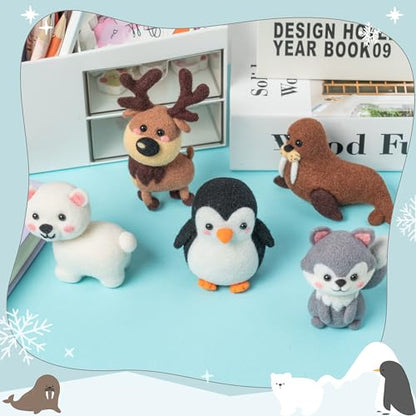 WATINC Set of 5 Winter Polar Animals Wool Needle Felting Kit,5 Unique Designs Doll Making Wool Needle Felting Starter Kit, DIY Home Decoration Needle