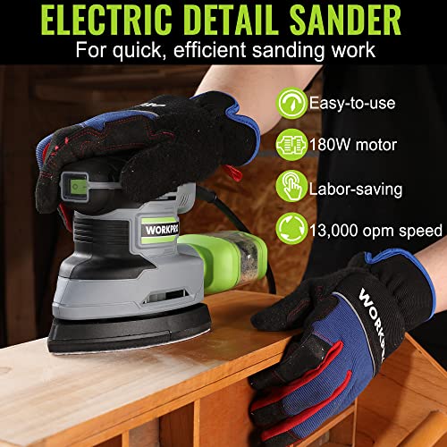 WORKPRO Detail Sander, 13,000 OPM Compact Electric Sander with Dust Collector, 1.6Amp Power Sander with 15PCS Sanderpapers for Tight Spaces